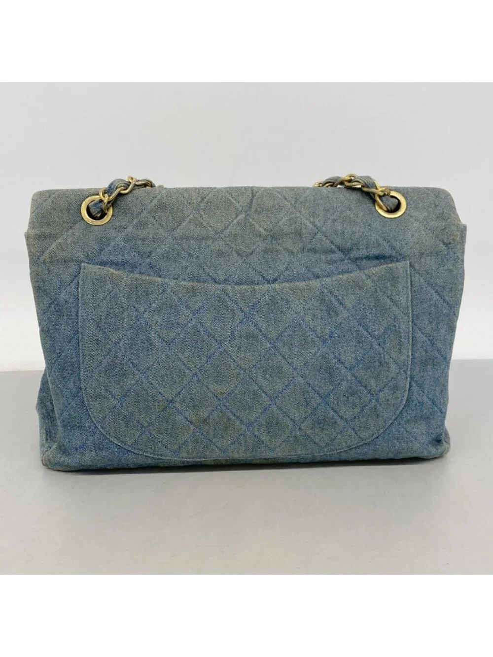 Chanel Shoulder Bag Maxi Quilted Denim Blue Gold